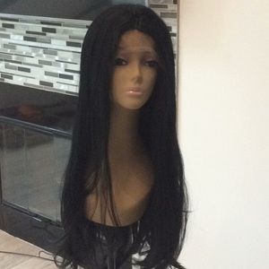 Long black long straight lace front wig